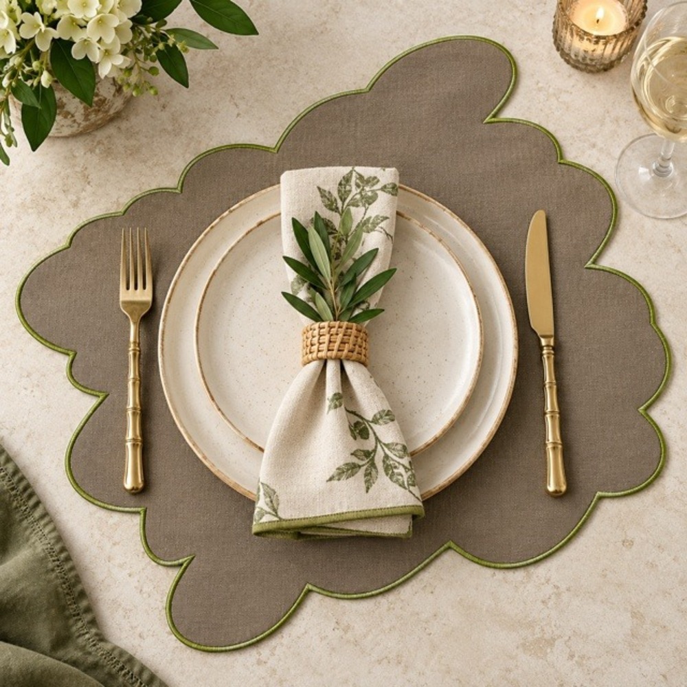 Luxury Asyemmetric Scalloped Linen Placemat with Green Embroidered Edge Trim